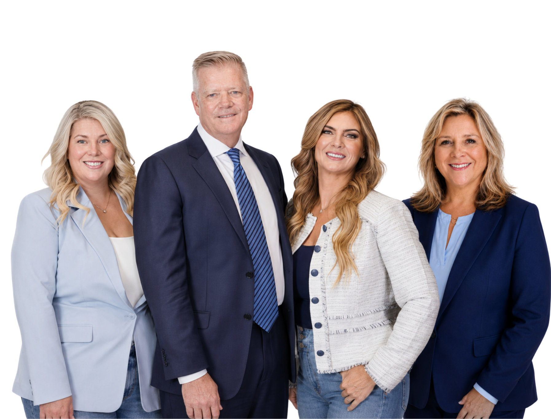 Corporate team of four professionals in business attire, smiling on white background